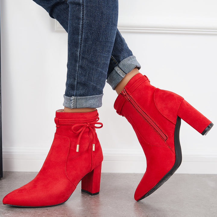 Bow Decor Chunky Heeled Booties Side Zipper Ankle Boots