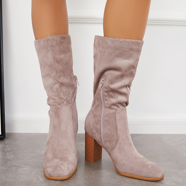 Stretch Wide Calf Riding Boots Suede Chunky High Heel Booties