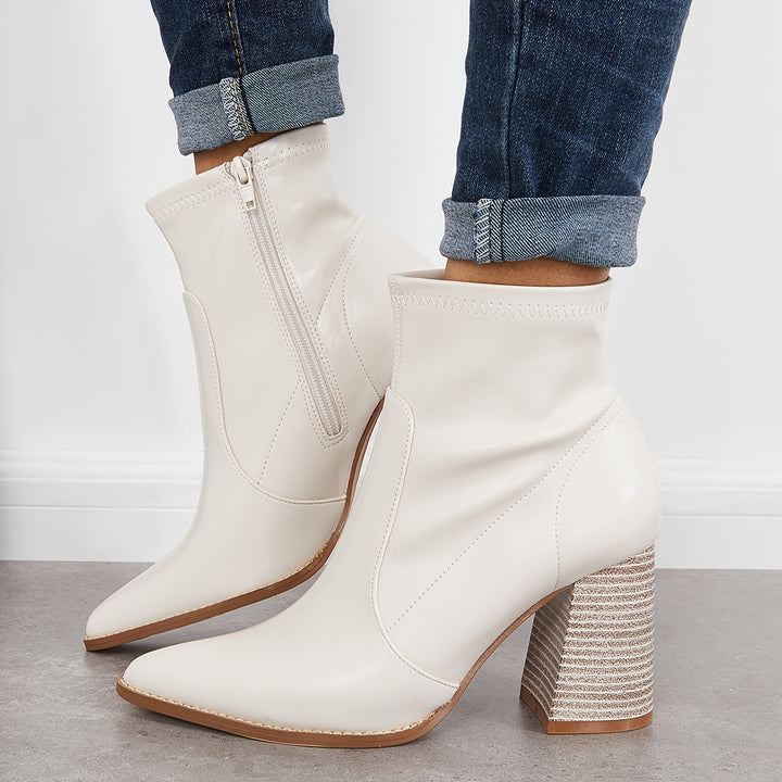 Pointed Toe Ankle Boots Side Zipper High Stacked Heel Booties