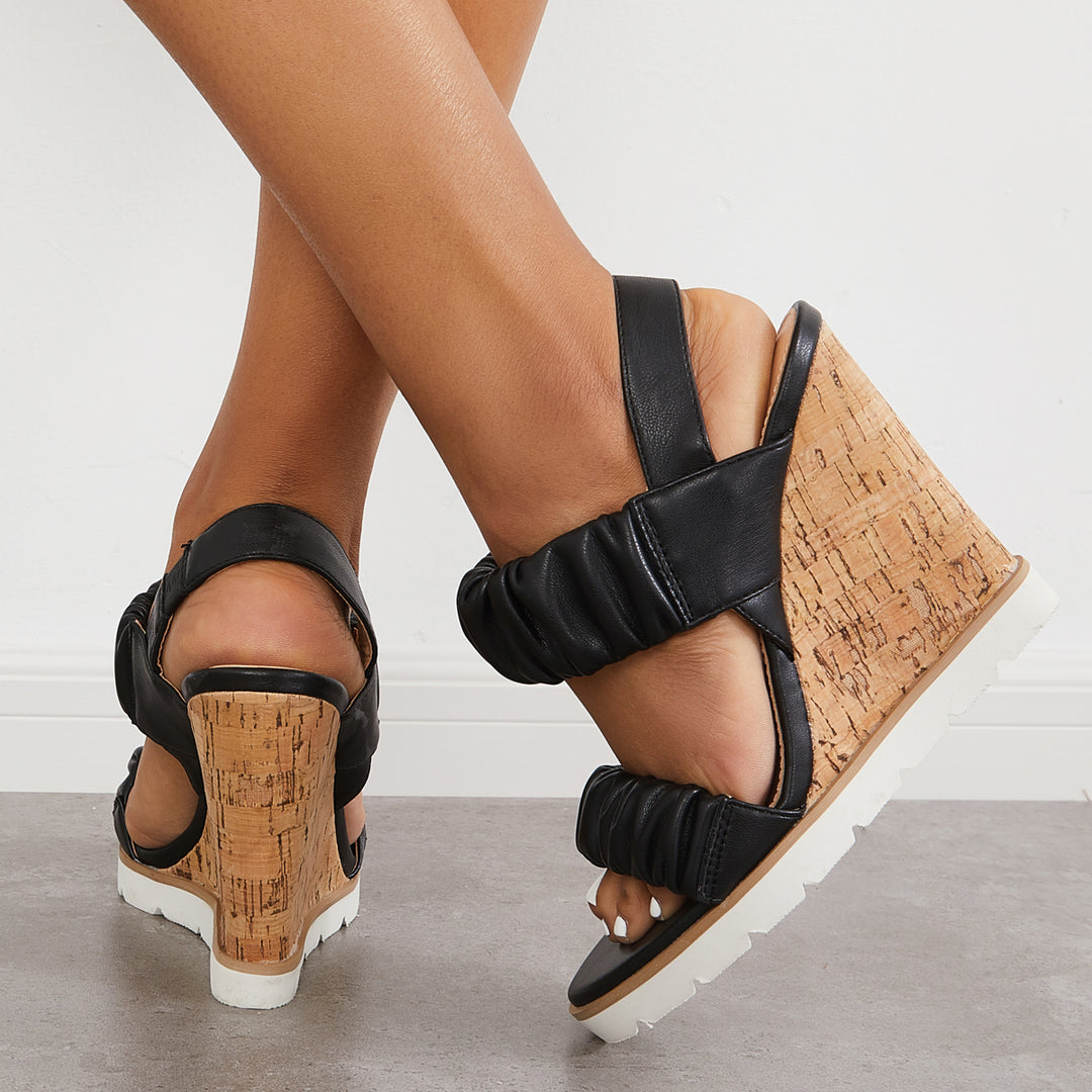 Open Toe Ankle Strap Ruched Sandals Platform Wedge Heels