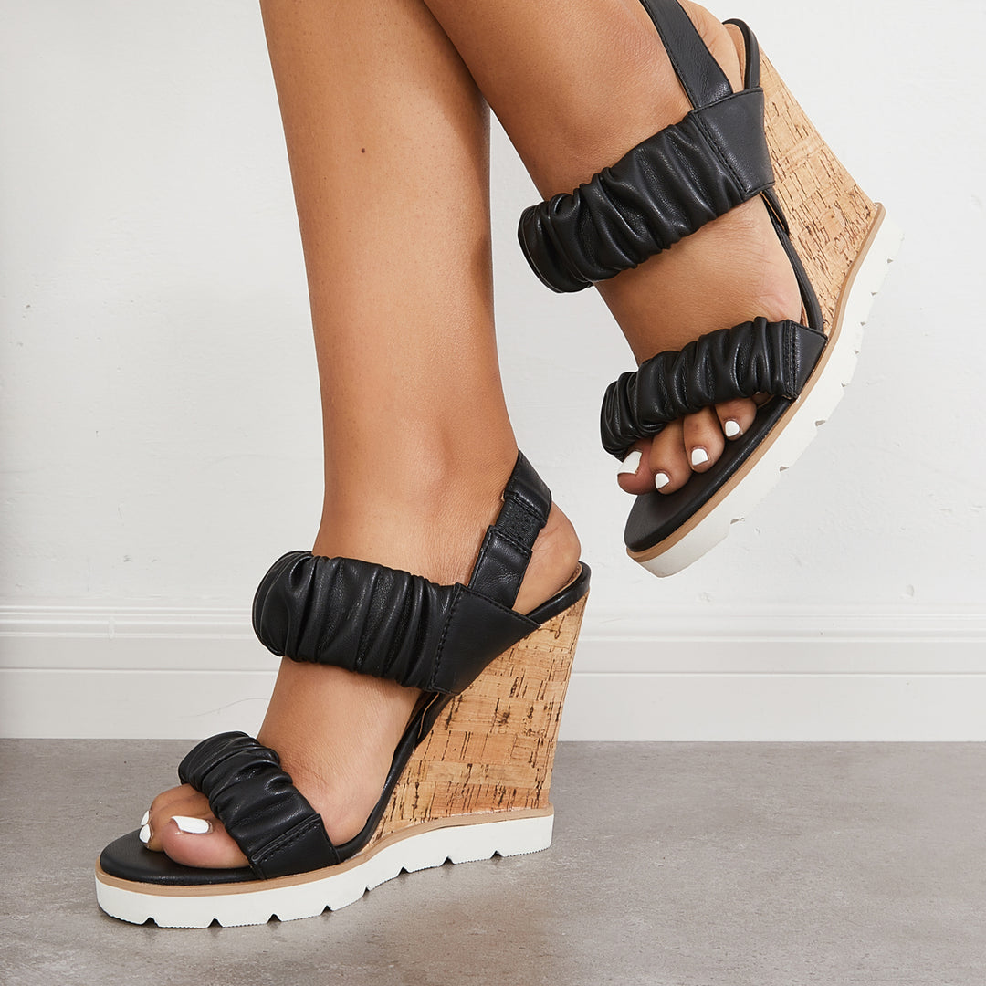 Open Toe Ankle Strap Ruched Sandals Platform Wedge Heels