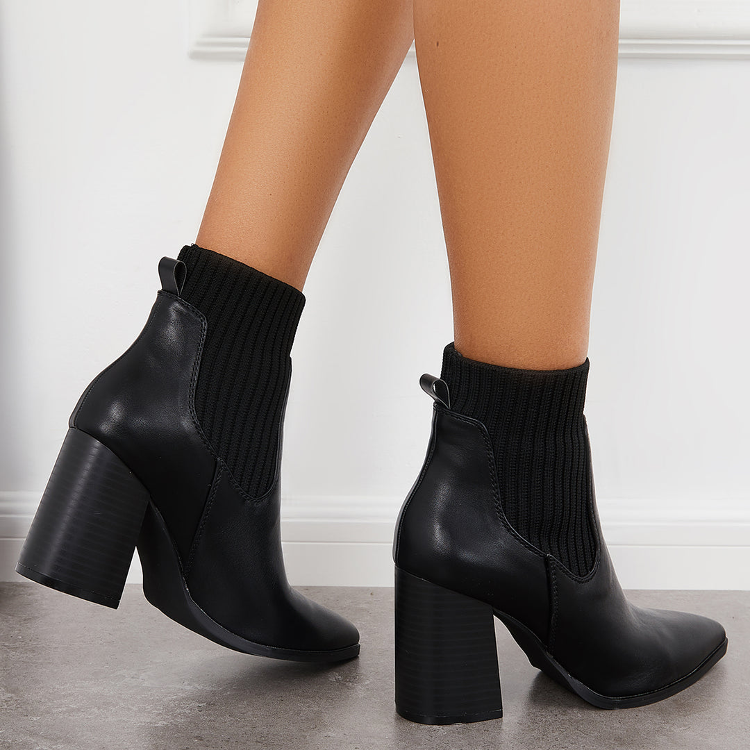 Elastic Pointed Toe Ankle Boots Chunky Heel Sock Booties