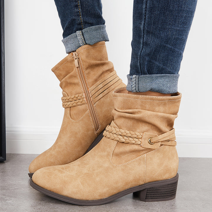 Slouchy Ankle Boots Braided Strap Chunky Block Heel Booties