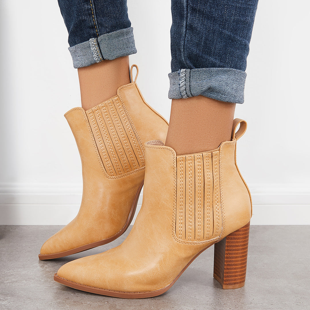 Pointed Toe Chunky High Heel Ankle Boots Slip on Western Booties
