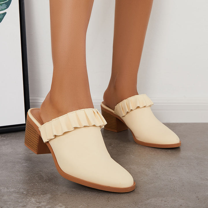 Ruffle Chunky Heeled Mules Boots Closed Toe Slip on Backless Shoes