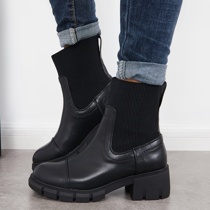 Platform Lug Sole Chelsea Ankle Boots Slip On Chunky Block Heel Booties