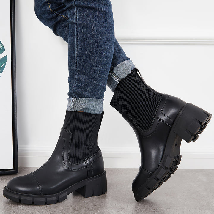 Platform Lug Sole Chelsea Ankle Boots Slip On Chunky Block Heel Booties