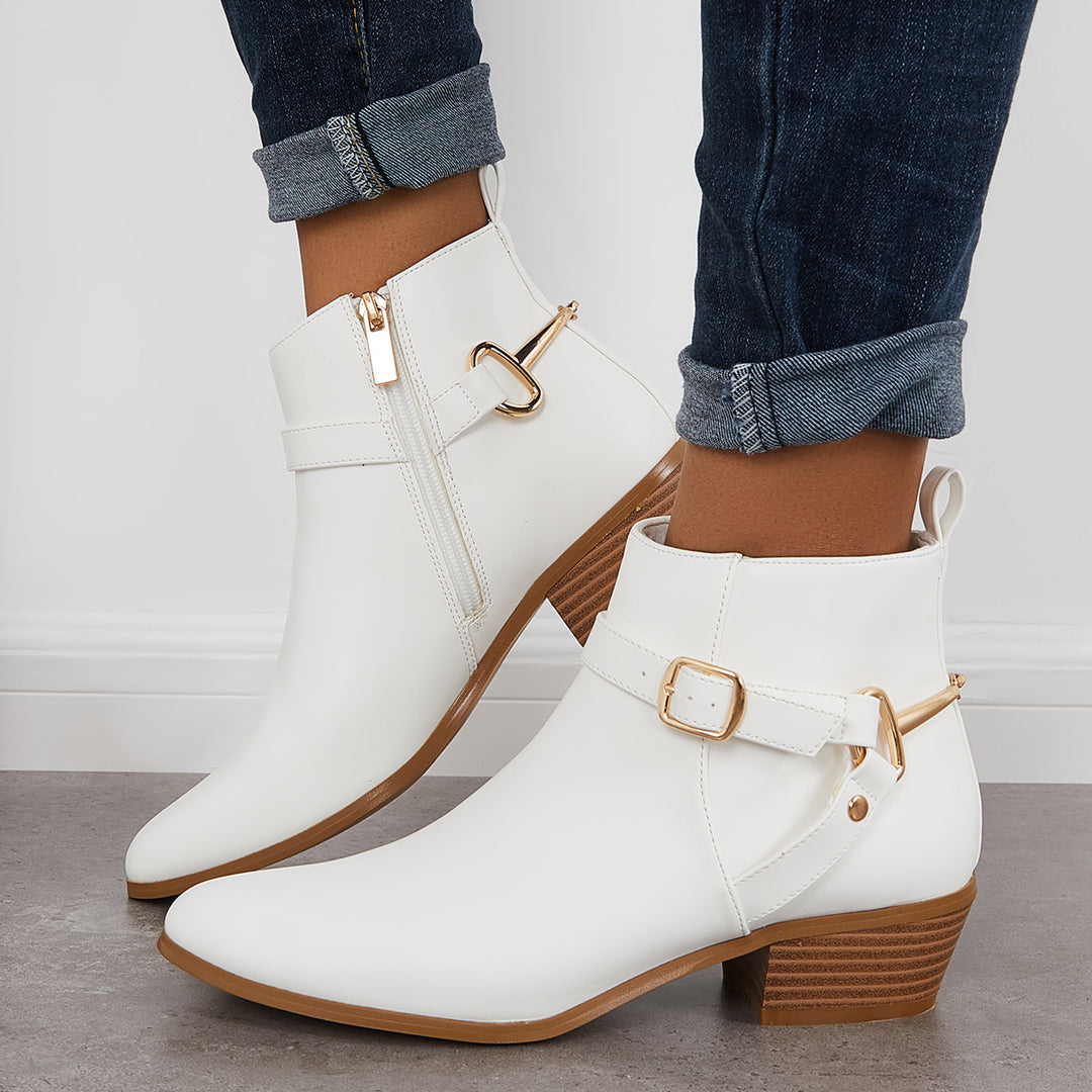 Pointed Toe Chunky Block Heel Booties Buckle Side Zip Ankle Boots