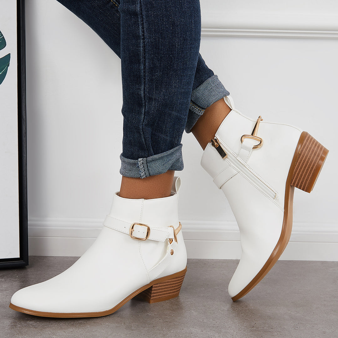 Pointed Toe Chunky Block Heel Booties Buckle Side Zip Ankle Boots