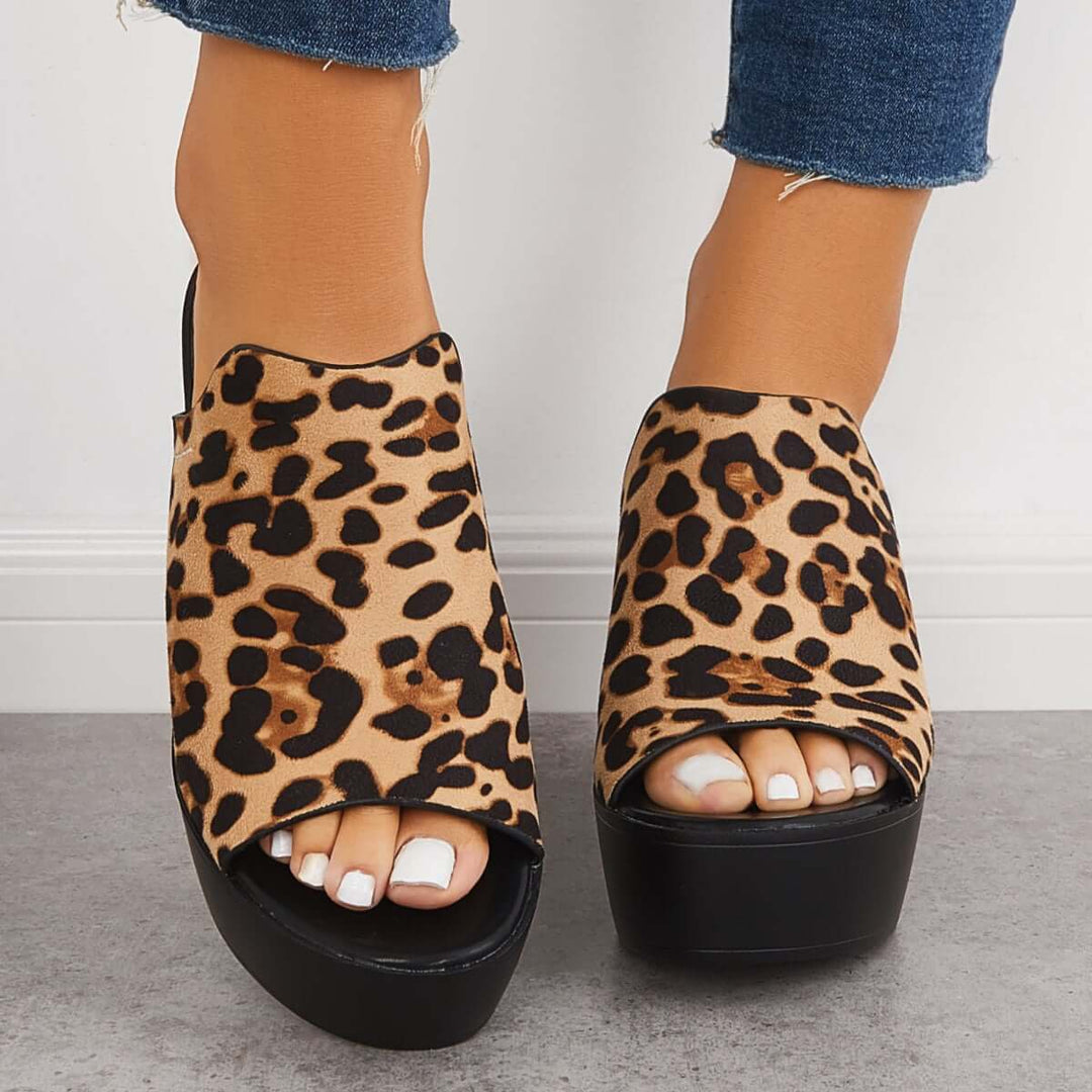 Peep Toe Chunky Platform Heeled Dress Mules Slip on Sandals