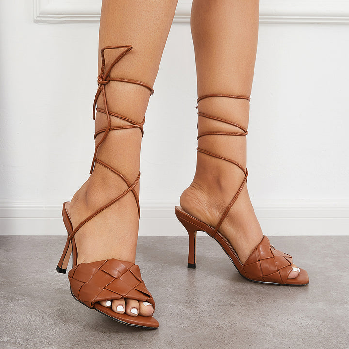 Square Toe Lace Up Strappy Stiletto High Heel Sandals
