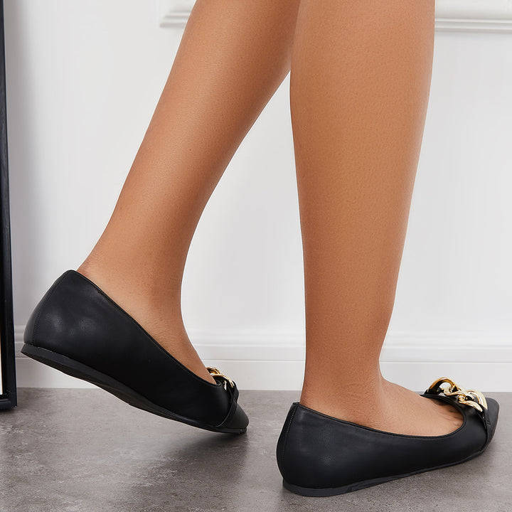 Pointed Toe Ballet Flats Slip on Chain Walking Loafers