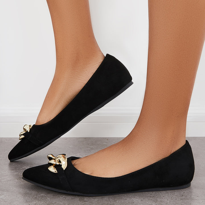 Pointed Toe Ballet Flats Slip on Chain Walking Loafers