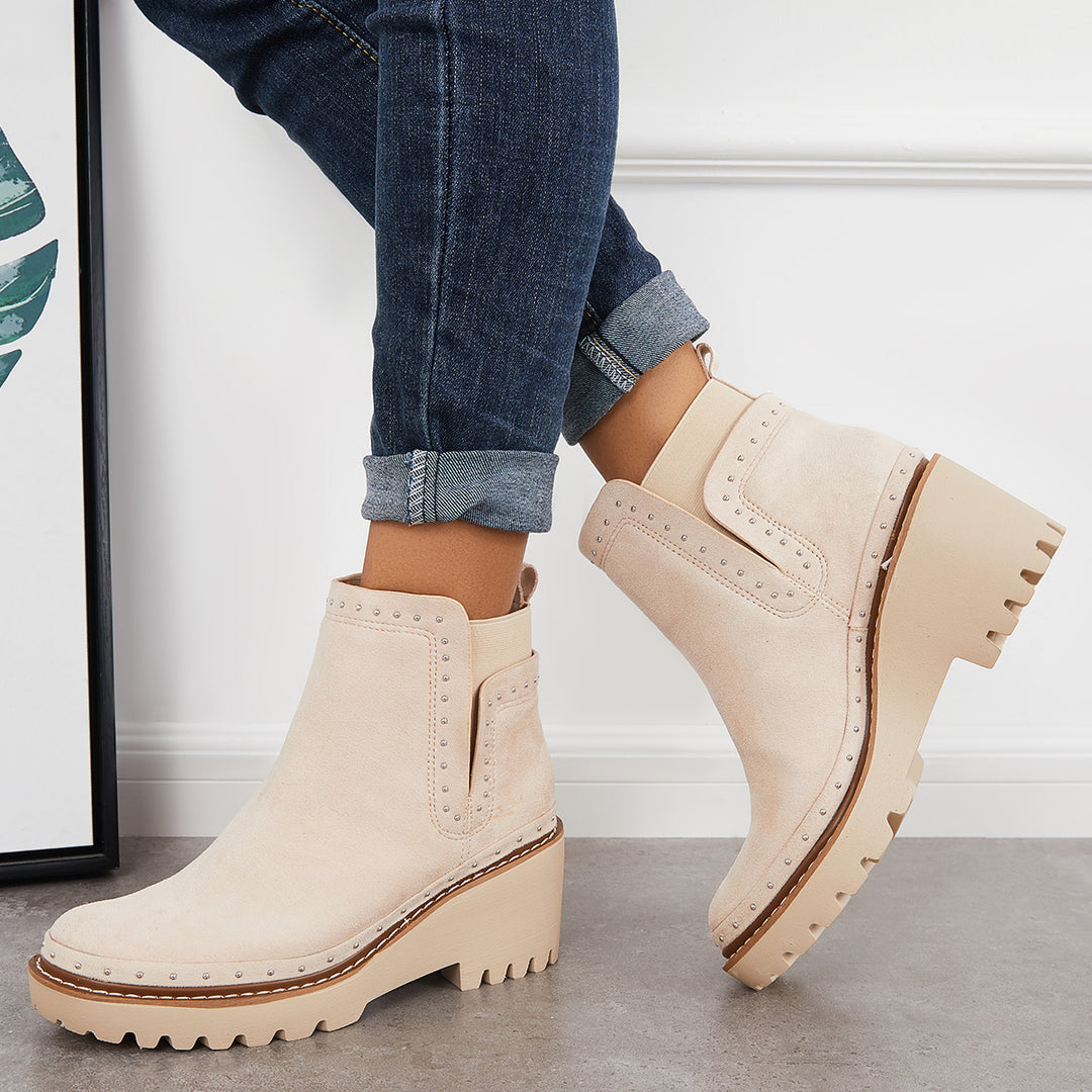 Round Toe Platform Wedge Chelsea Booties Lug Sole Ankle Boots