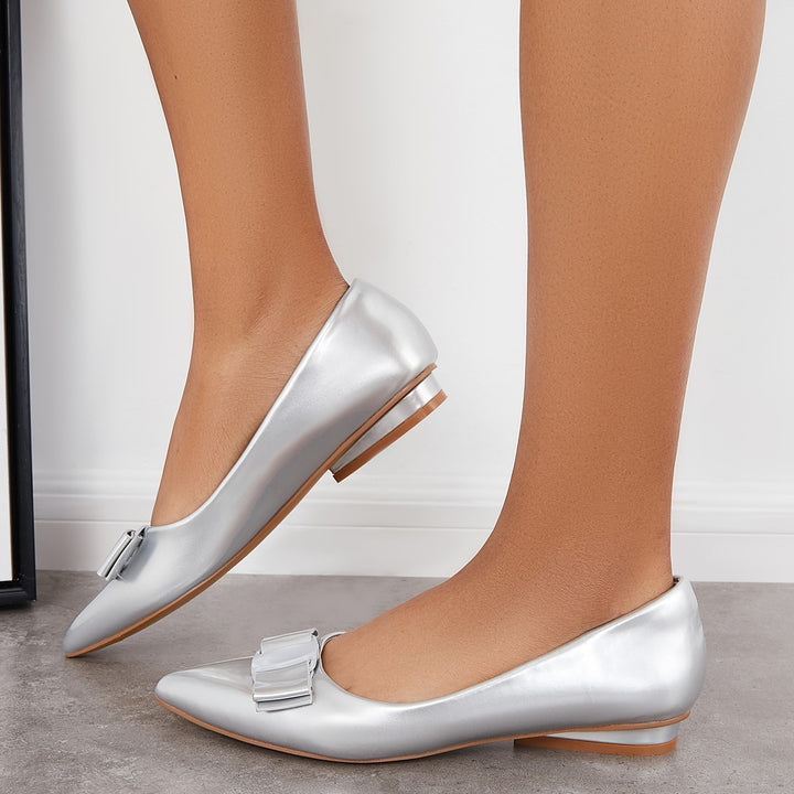 Women Bowtie Ballet Flats Slip on Pointed Toe Dress Shoes