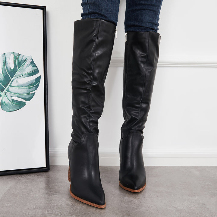 Pointed Toe Knee High Boots Chunky Stacked Heel Riding Boots