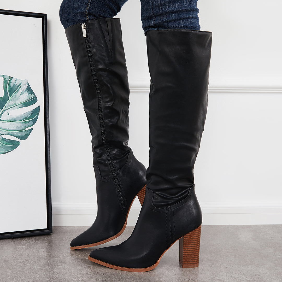 Pointed Toe Knee High Boots Chunky Stacked Heel Riding Boots