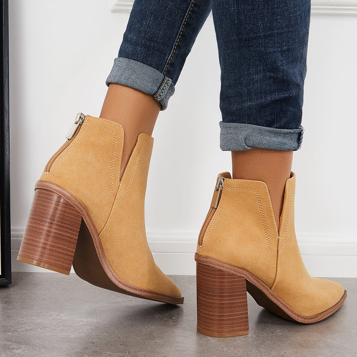 Pointed Toe V Cutout Ankle Boots Block Chunky Heel Western Booties