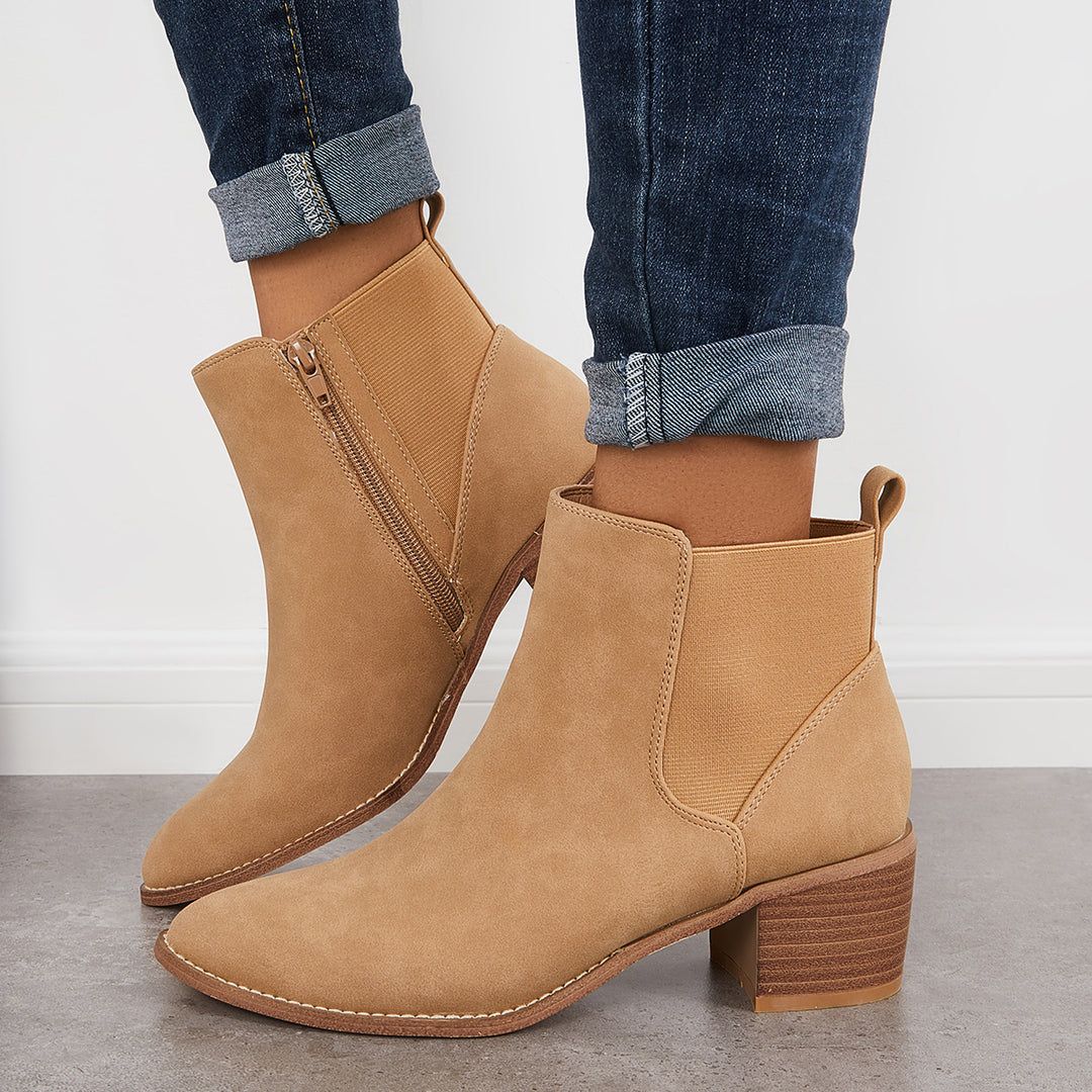 Pointed Toe Ankle Boots Chunky Heel Side Zipper Elastic Chelsea Booties