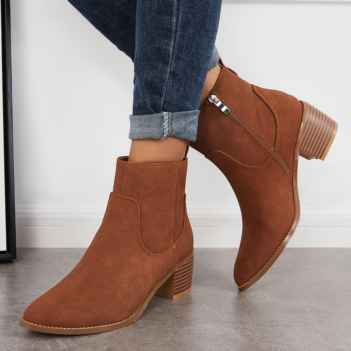 Chunky Block Heel Ankle Boots Pointed Toe Zipper Western Booties