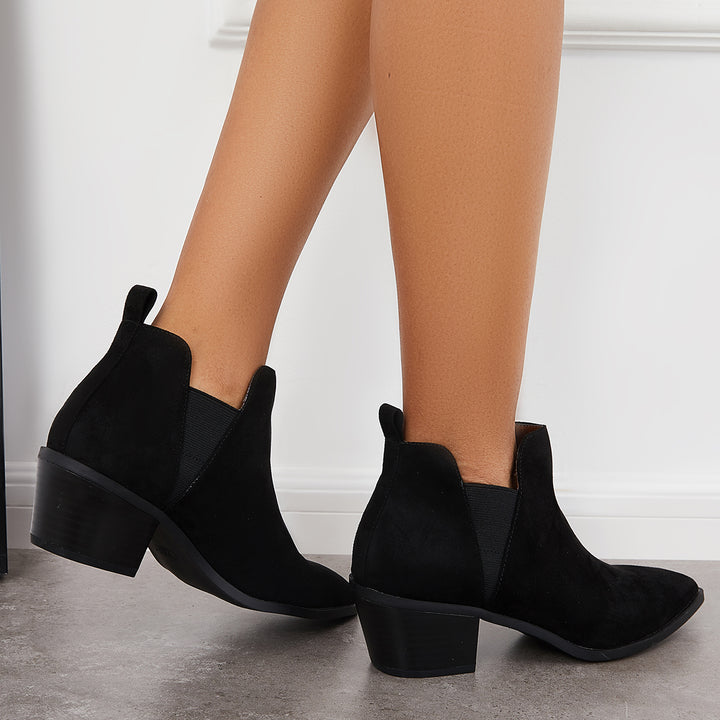 Pointed Toe Ankle Boots Stacked Chunky Heel Western Booties