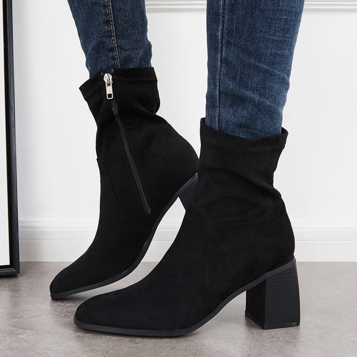 Square Toe Ankle Boots Side Zipper Chunky Stacked Heel Booties