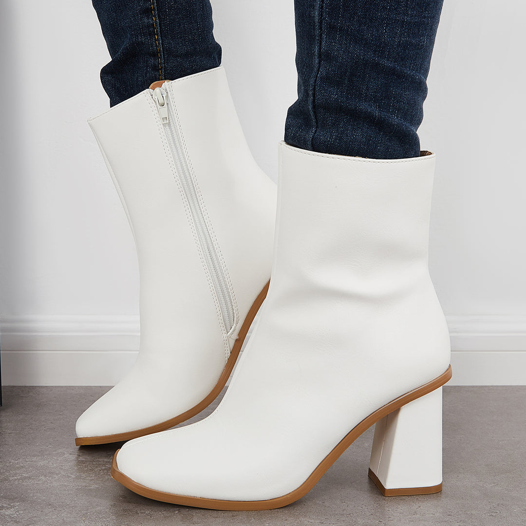 Square Toe Chunky Heel Ankle Boots PU Leather Side Zip Booties