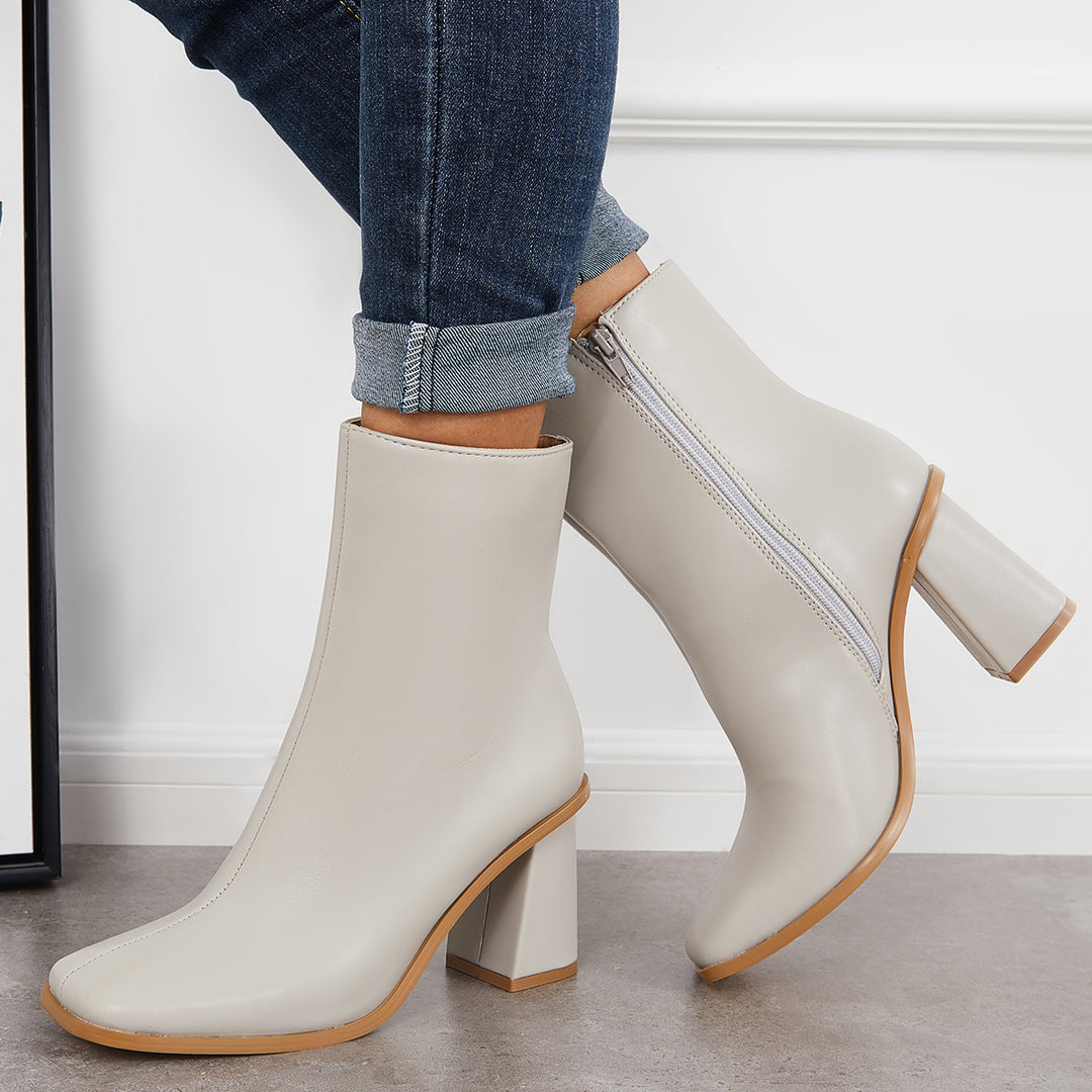 Square Toe Chunky Heel Ankle Boots PU Leather Side Zip Booties