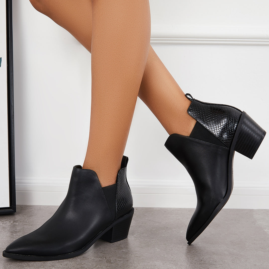 Pointed Toe Ankle Boots Stacked Chunky Heel Western Booties