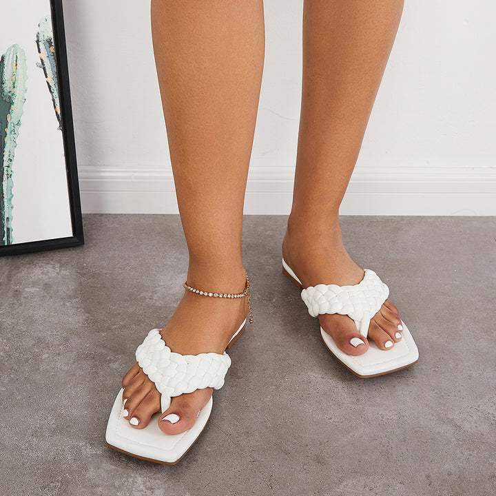 Square Toe Slip on Braided Flip Flops Sandals Flat Slippers