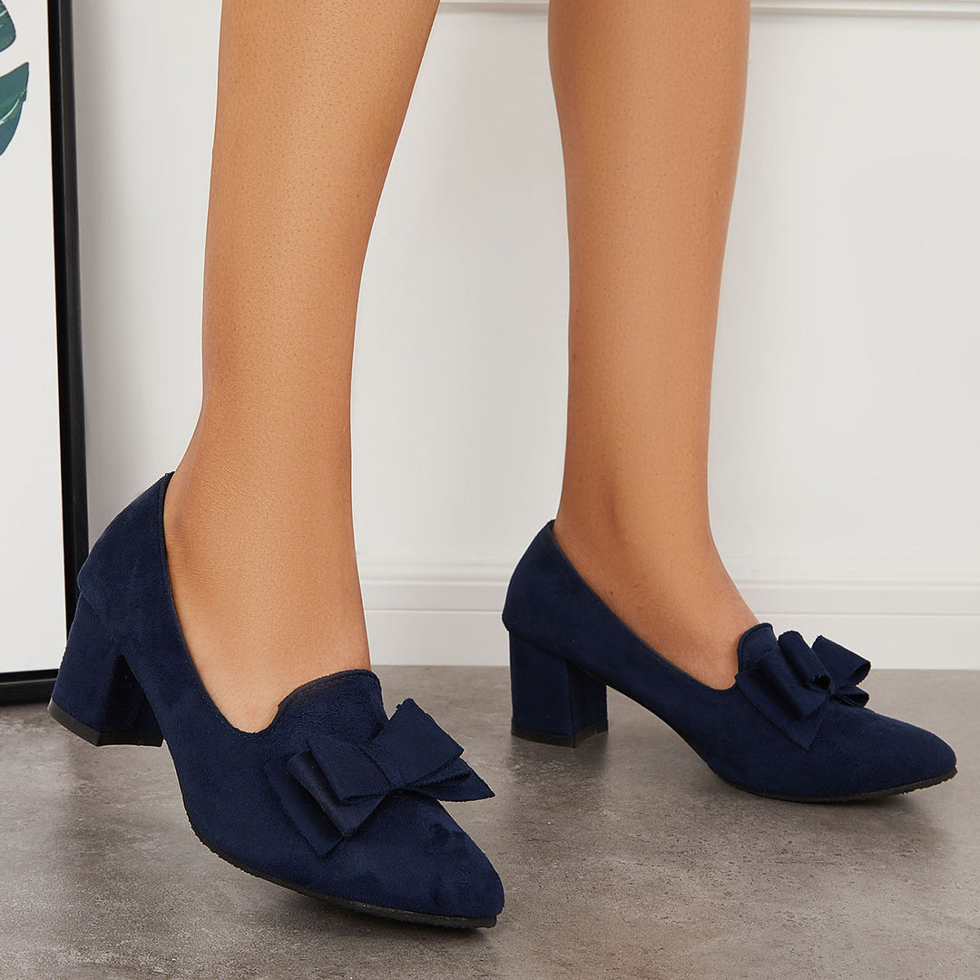 Suede Block Heel Pumps Bowknot Round Toe Slip on Dress Shoes