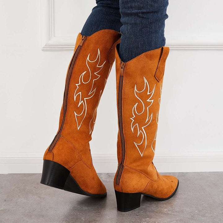 Embroidered Western Cowgirl Chunky Heel Knee High Riding Boots