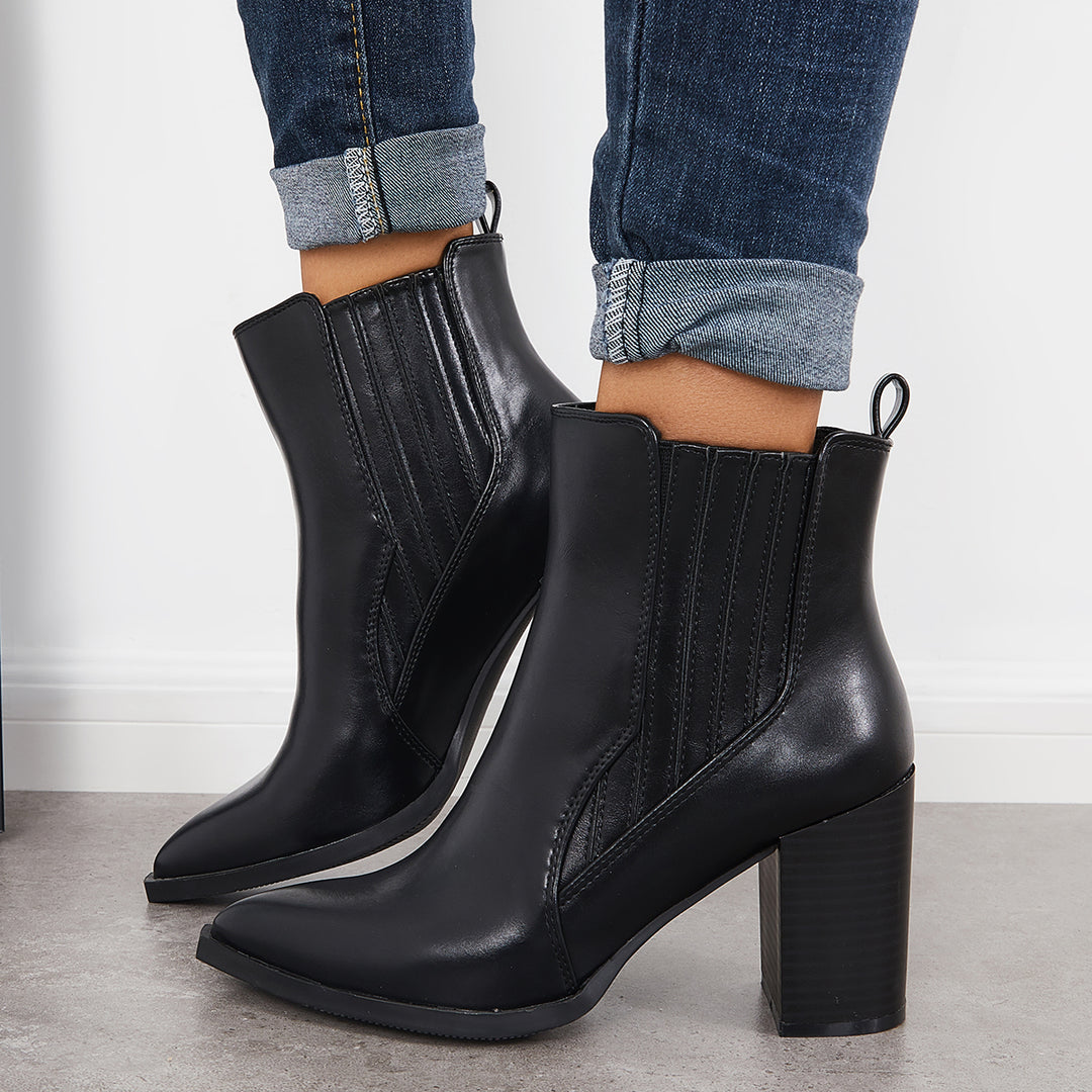 Pointed Toe Chunky Stacked Heel Ankle Boots Slip On Booties