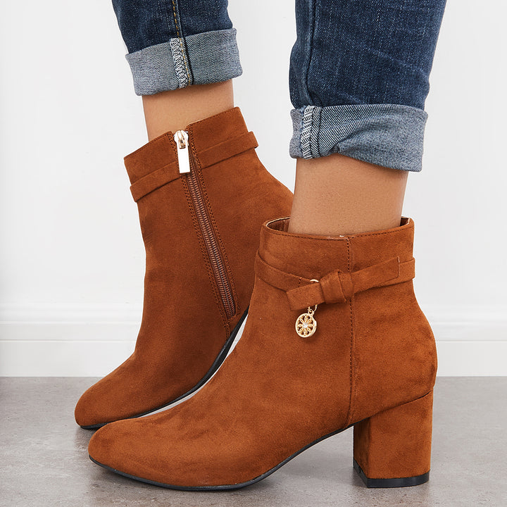 Round Toe Ankle Boots Chunky Block Heels Side Zipper Dress Booties