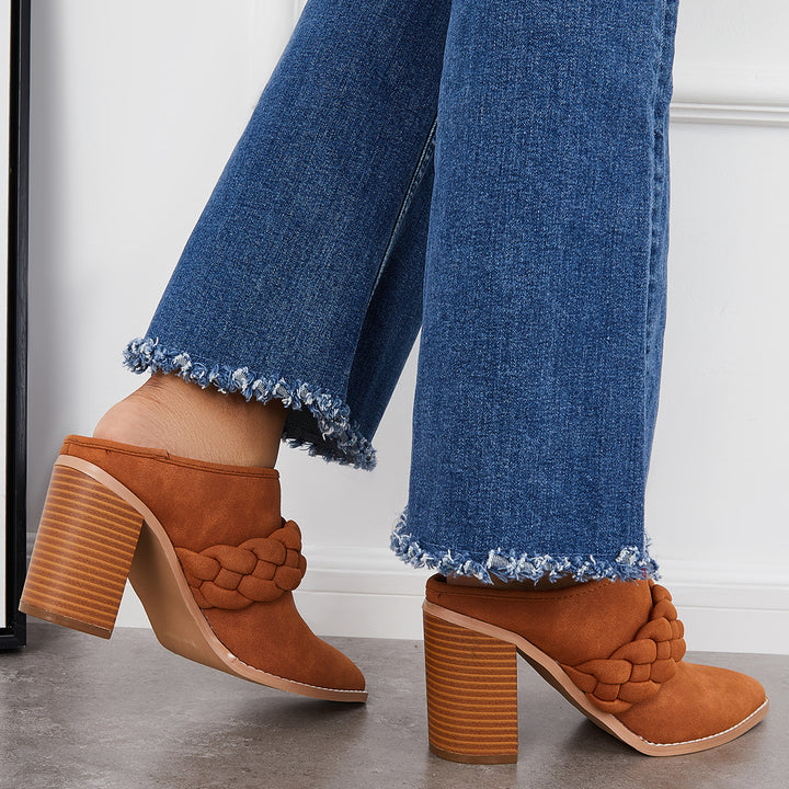 Women Chunky High Heel Western Mules Booties Closed Toe Slide Boots
