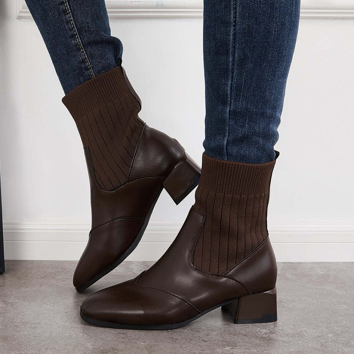 Square Toe Sock Booties Elastic Chunky Heel Ankle Boots