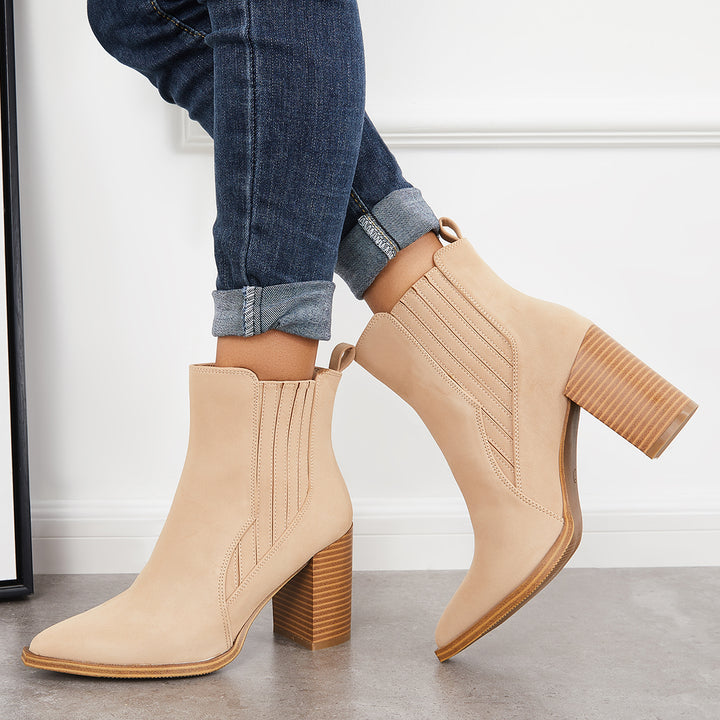 Pointed Toe Chunky Stacked Heel Ankle Boots Slip On Booties