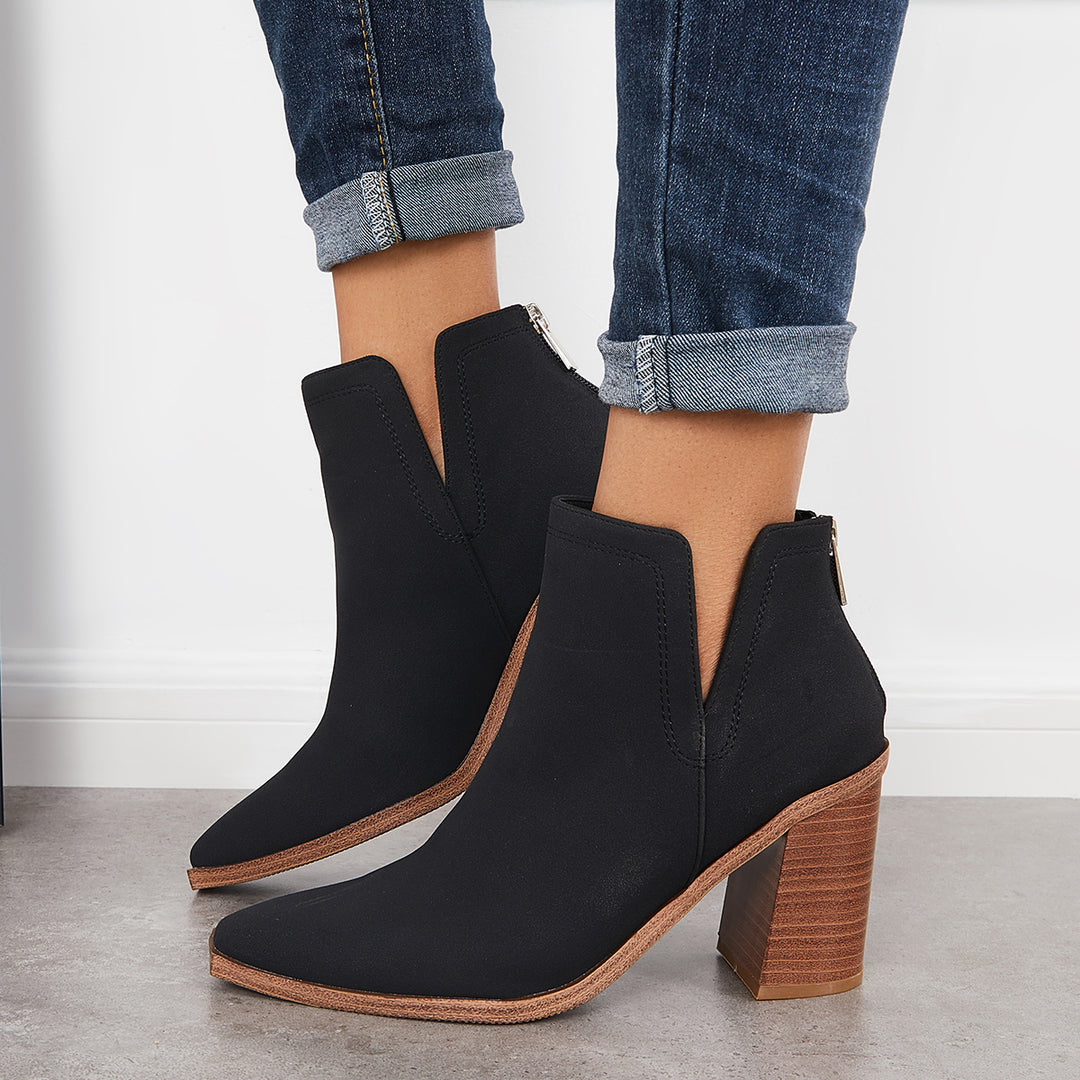 Pointed Toe V Cutout Ankle Boots Block Chunky Heel Western Booties
