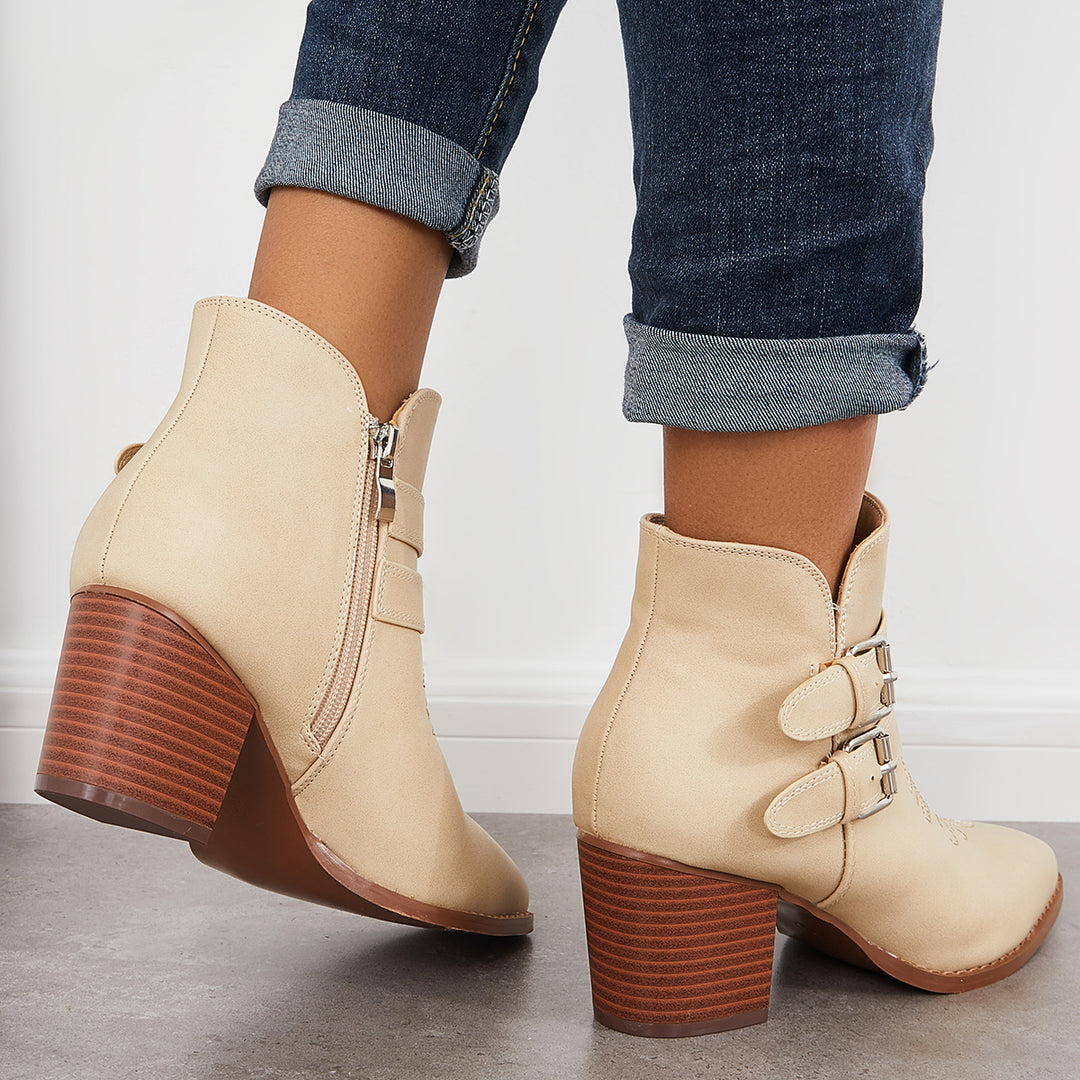 Cutout Buckle Straps Ankle Boots Chunky Block Heel Western Booties