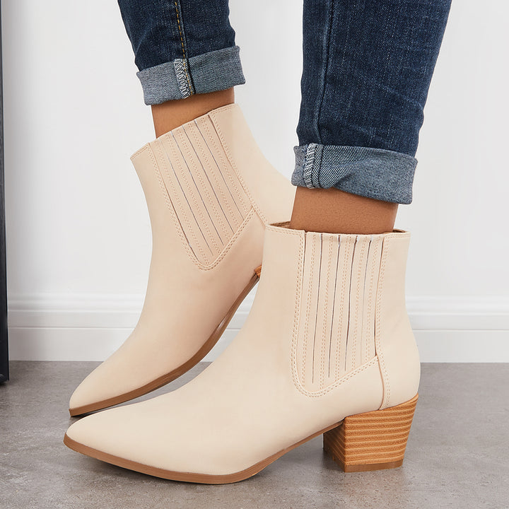 Pointed Toe Western Cowboy Booties Chunky Heel Slip On Ankle Boots