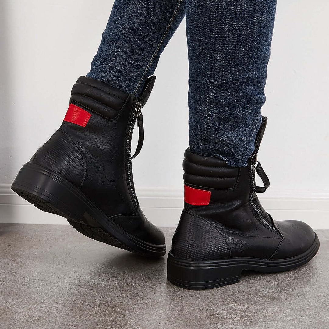 Black Slouch Ankle Booties Low Heel Zipper Boots
