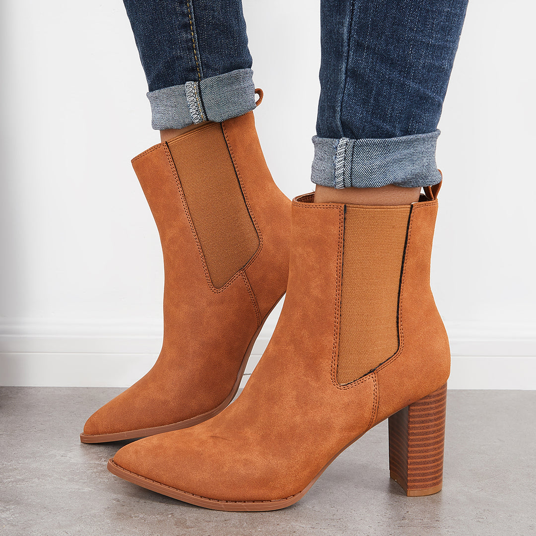 Slip on High Stacked Heel Chelsea Booties Pointed Toe Ankle Boots
