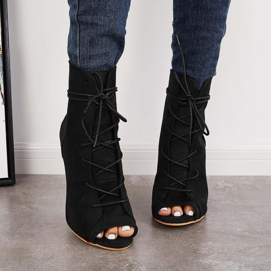 Peep Toe Stiletto High Heel Ankle Boots Lace Up Booties