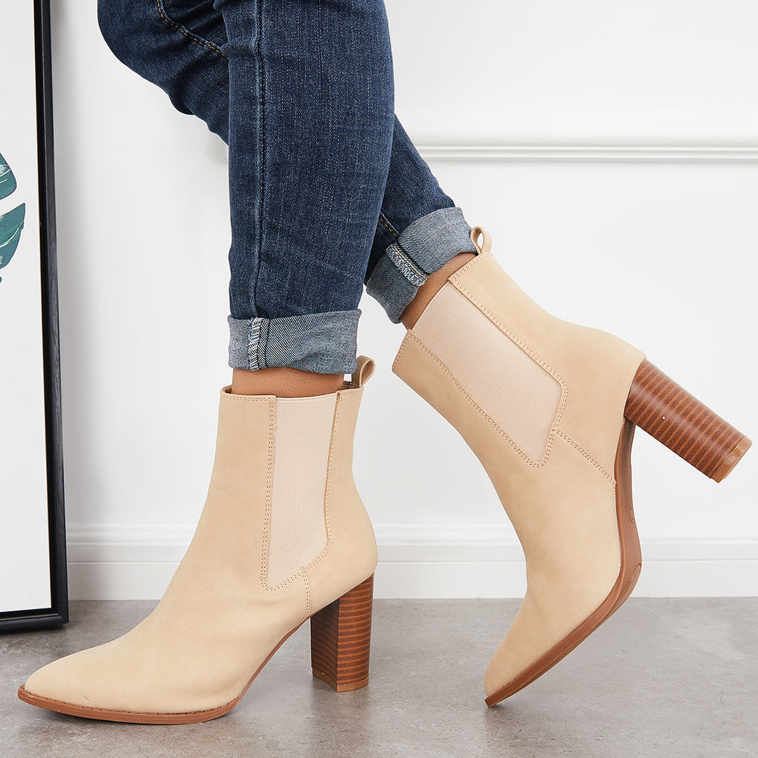 Slip on High Stacked Heel Chelsea Booties Pointed Toe Ankle Boots