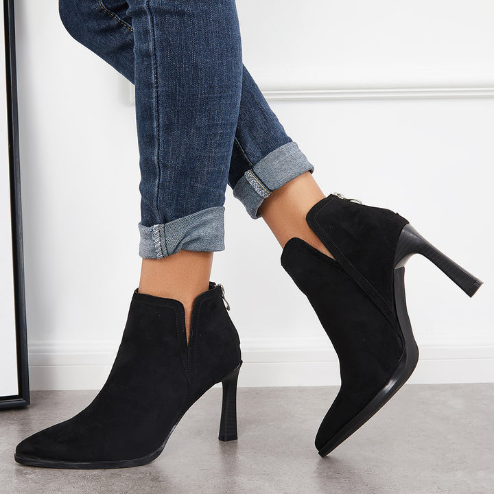 Pointed Toe V Cutout Ankle Boots Back Zipper High Heel Booties