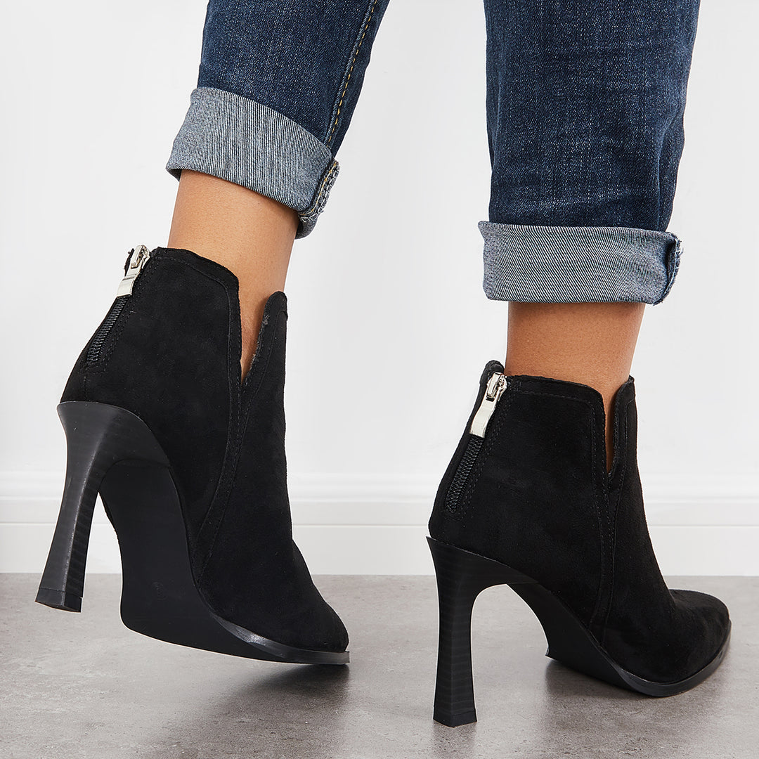 Pointed Toe V Cutout Ankle Boots Back Zipper High Heel Booties