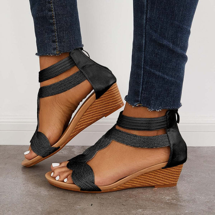 Casual T-Strap Wedge Sandals Back Zipper Ankle Strap Shoes