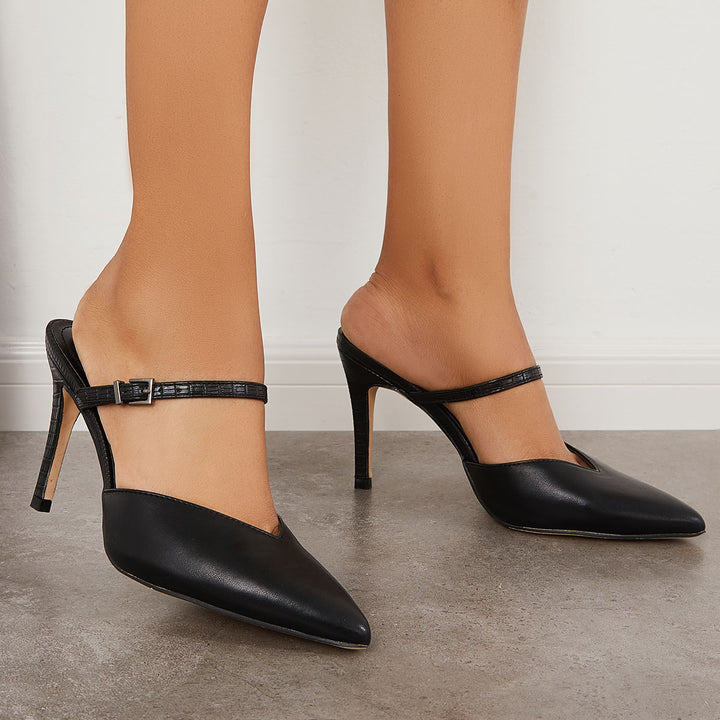 Pointy Toe Stiletto High Heel Mules Buckle Strap Pumps