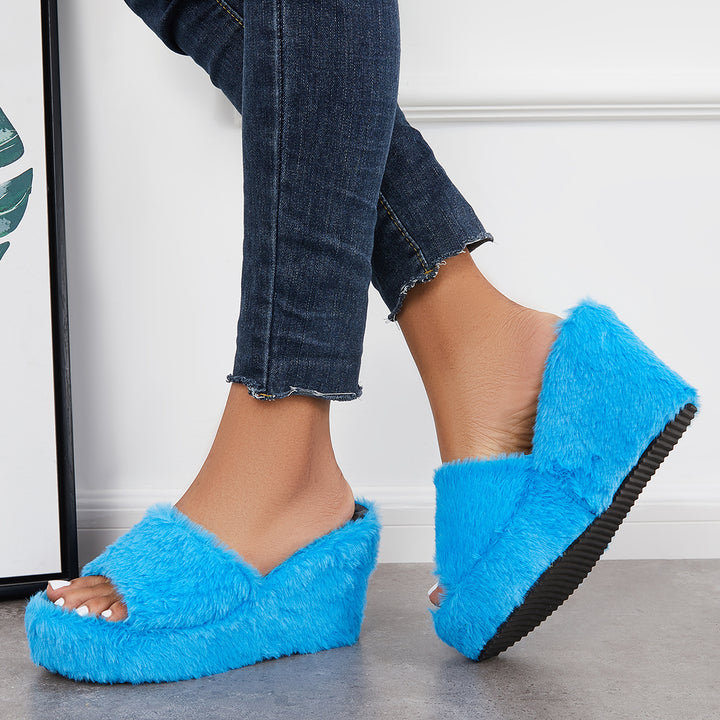 Faux Furry Platform Wedge Slippers Fuzzy Slide Mule Sandals