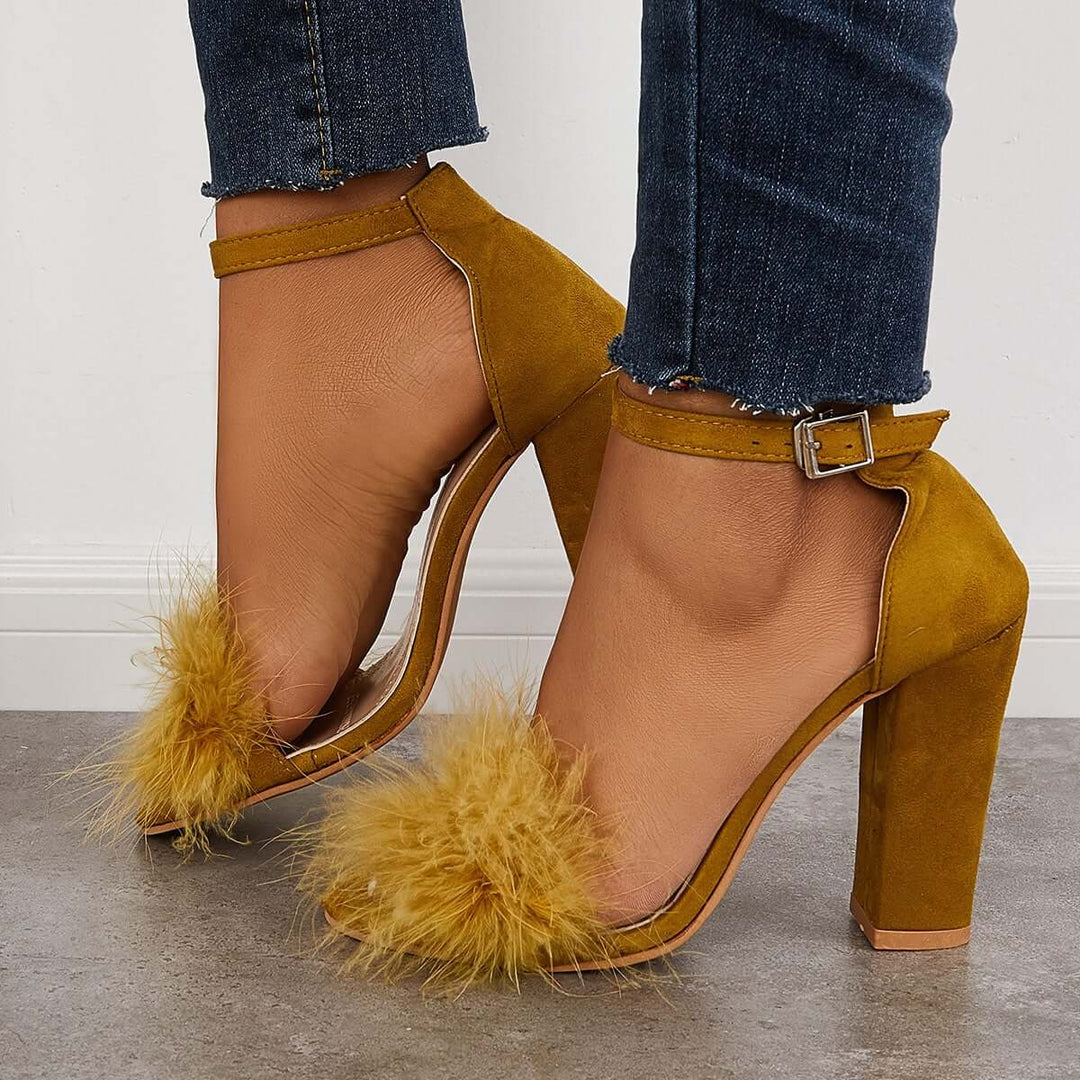 Fluffy Chunky Block High Heel Sandals Ankle Strap Dress Pumps
